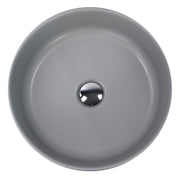 Nantucket Sinks RC4011C Matte Concrete round vessel sink from above with chrome drain cap