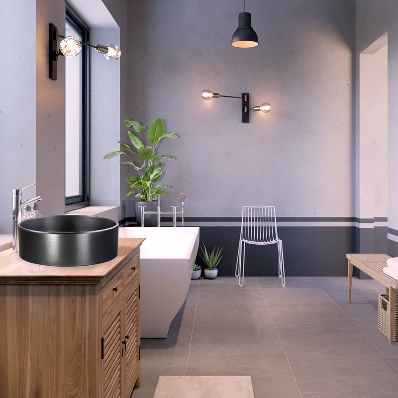 Nantucket Sinks RC4011MB Matte Black vessel sink on a wood vanity in a grey bathroom