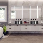 Nantucket Sinks RC4011MB two Matte Black vessel sinks on a floating vanity with lit mirrors