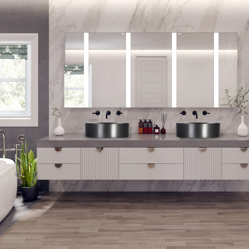 Nantucket Sinks RC4011MB two Matte Black vessel sinks on a floating vanity with lit mirrors