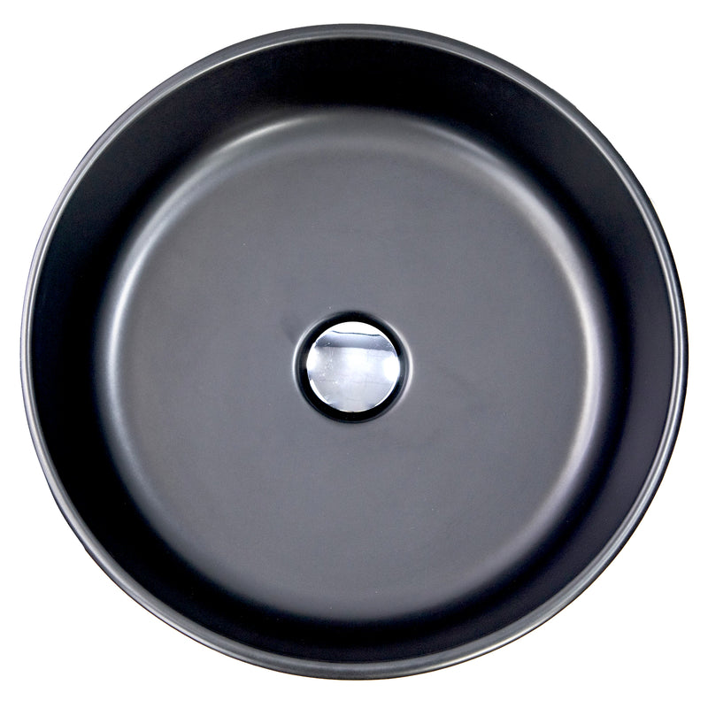 Nantucket Sinks RC4011MB Matte Black round vessel sink from above with chrome drain cap