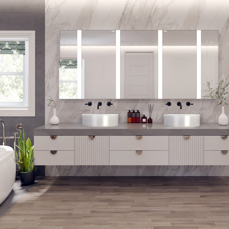 Nantucket Sinks RC4011MW two Matte White vessel sinks on a floating vanity with lit mirrors