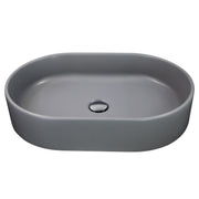 Nantucket Sinks RC5022C Matte Concrete oval fireclay vessel bathroom sink, elevated front view with drain cap