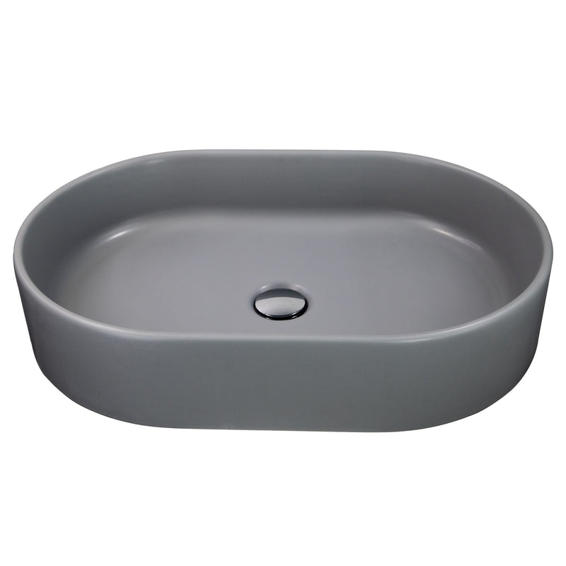 Nantucket Sinks RC5022C Matte Concrete oval fireclay vessel bathroom sink, elevated front view with drain cap