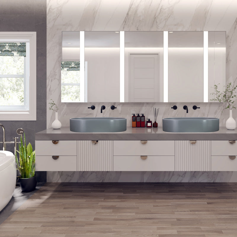 Nantucket Sinks RC5022C two Matte Concrete oval vessel sinks on a floating vanity with lit mirrors