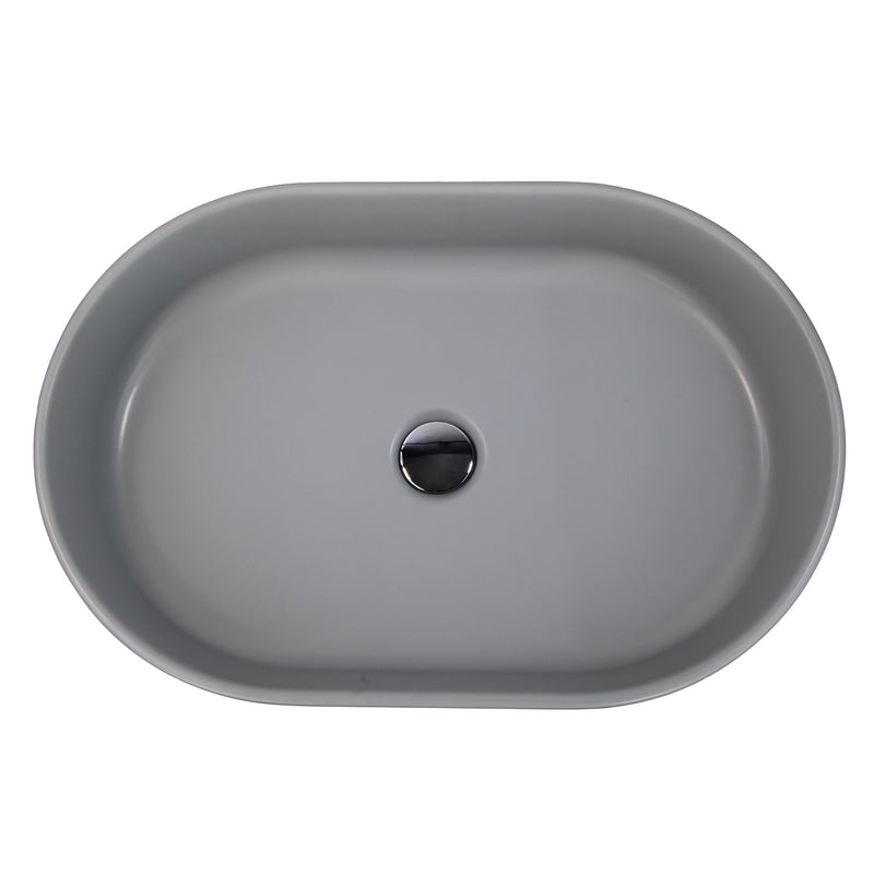 Nantucket Sinks RC5022C Matte Concrete oval vessel sink from above with chrome drain cap