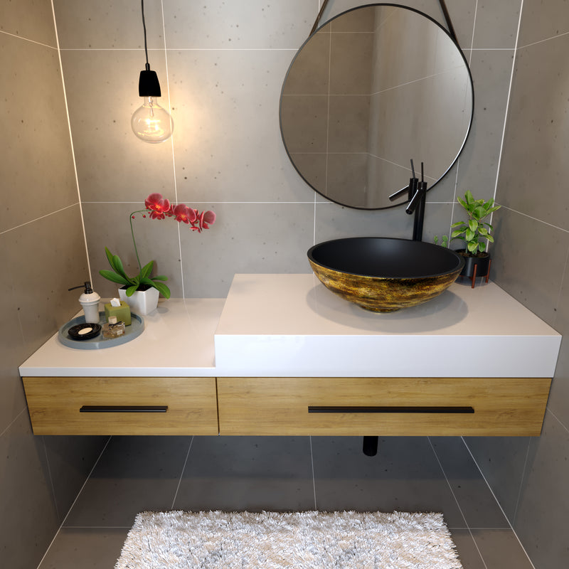 Nantucket Sinks RC7040GMS-MB Drake vessel sink on a floating oak and white vanity with a round mirror