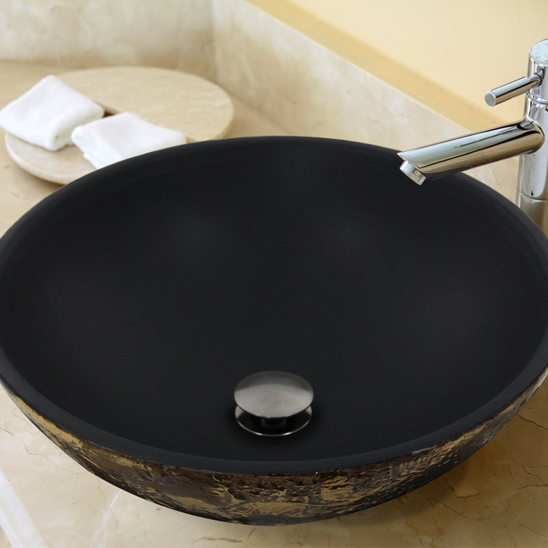 Nantucket Sinks RC7040GMS-MB Drake vessel sink close-up on a stone counter, matte black bowl and chrome faucet