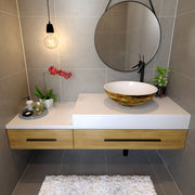 Nantucket Sinks RC7040GMS-W Drake vessel sink on a floating oak and white vanity with a round mirror