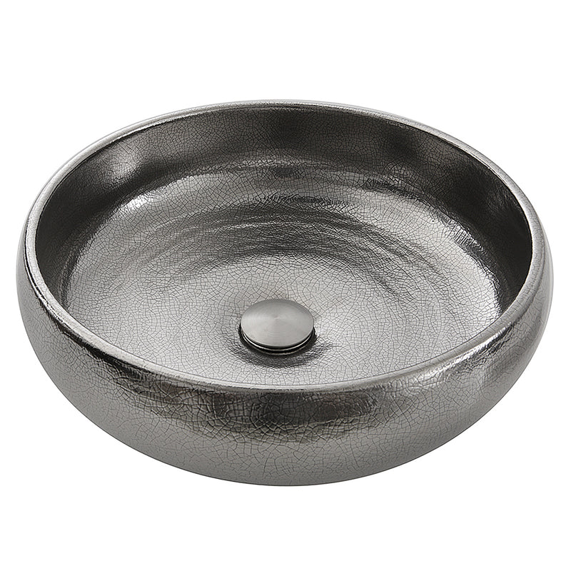 Nantucket Sinks RC72030P Monte Carlo vessel sink elevated front view of the platinum bowl and drain cap