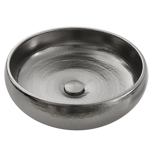 Nantucket Sinks RC72030P Monte Carlo vessel sink elevated front view of the platinum bowl and drain cap
