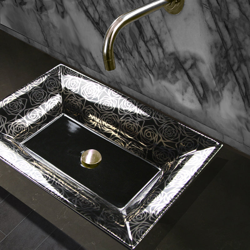 Nantucket Sinks RC73040PR Porto Cervo sink on a dark counter under a wall spout with marble backsplash