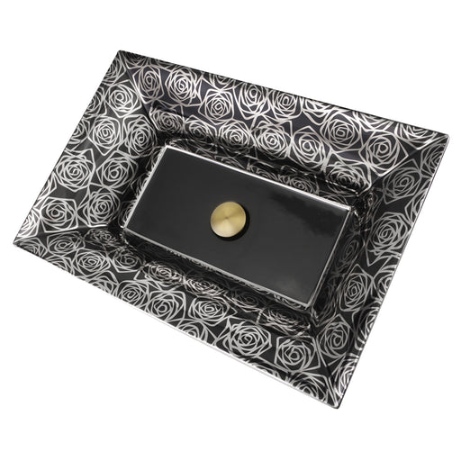Nantucket Sinks RC73040PR Porto Cervo rectangular fireclay vessel sink, platinum rose pattern on black, three-quarter