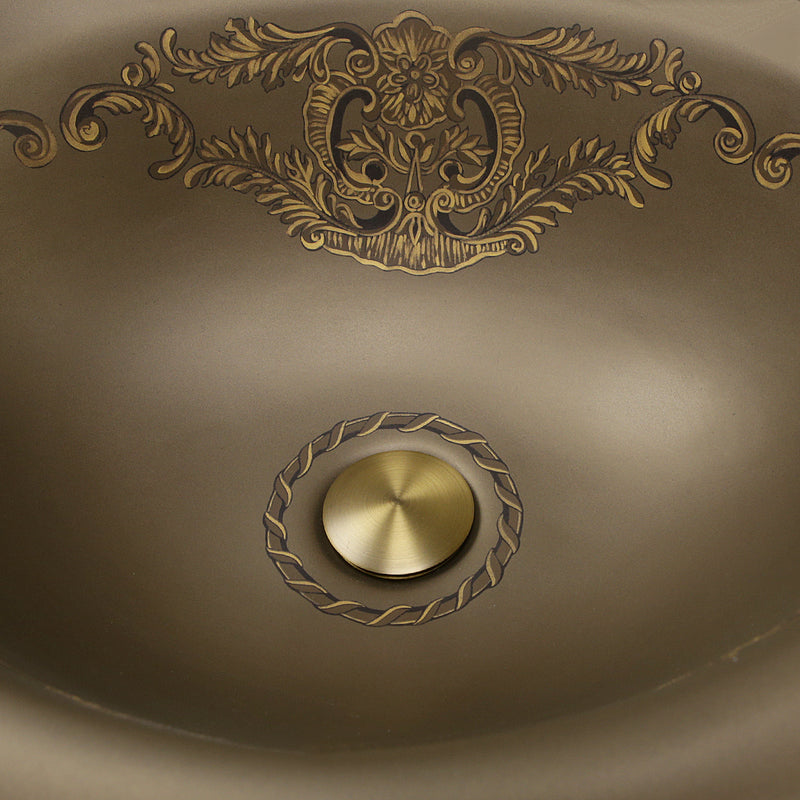 Nantucket Sinks RC73240BHY close-up of the hand-painted gold scrollwork and drain ring