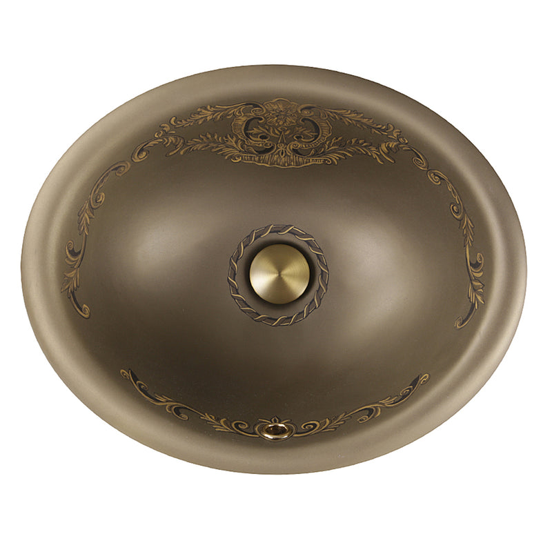 Nantucket Sinks RC73240BHY St. Louis drop-in sink from above with the gold scroll decoration and drain