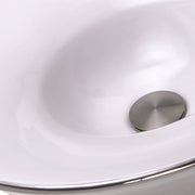Nantucket Sinks RC77240P close-up of the white glazed bowl, platinum edge and brushed drain cap