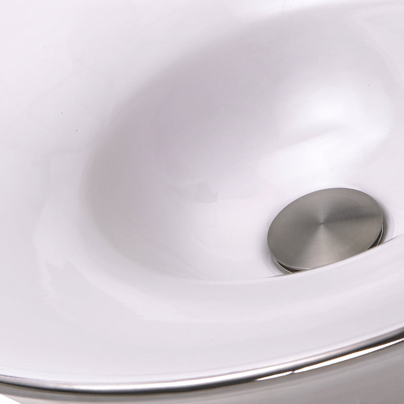 Nantucket Sinks RC77240P close-up of the white glazed bowl, platinum edge and brushed drain cap