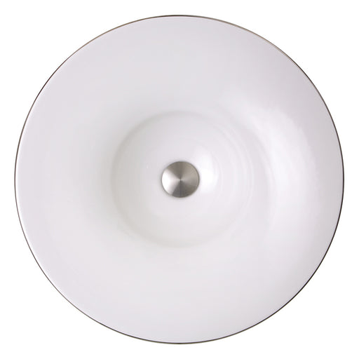 Nantucket Sinks RC77240P St. Malo sink from above showing the white bowl, platinum rim line and drain cap