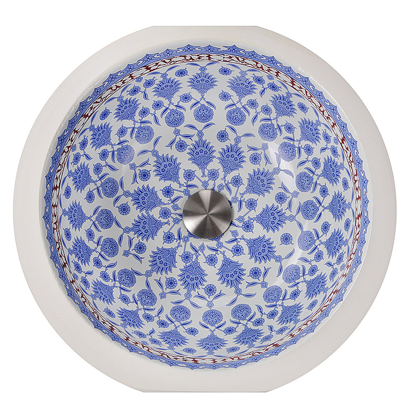 Nantucket Sinks RC78140M Santorini undermount sink from above showing the blue floral bowl and red border