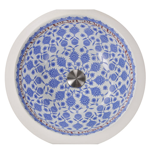 Nantucket Sinks RC78140M Santorini undermount sink from above showing the blue floral bowl and red border
