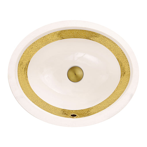Nantucket Sinks RC78340GRD Anzio oval fireclay undermount bathroom sink from above, white bowl with gold band