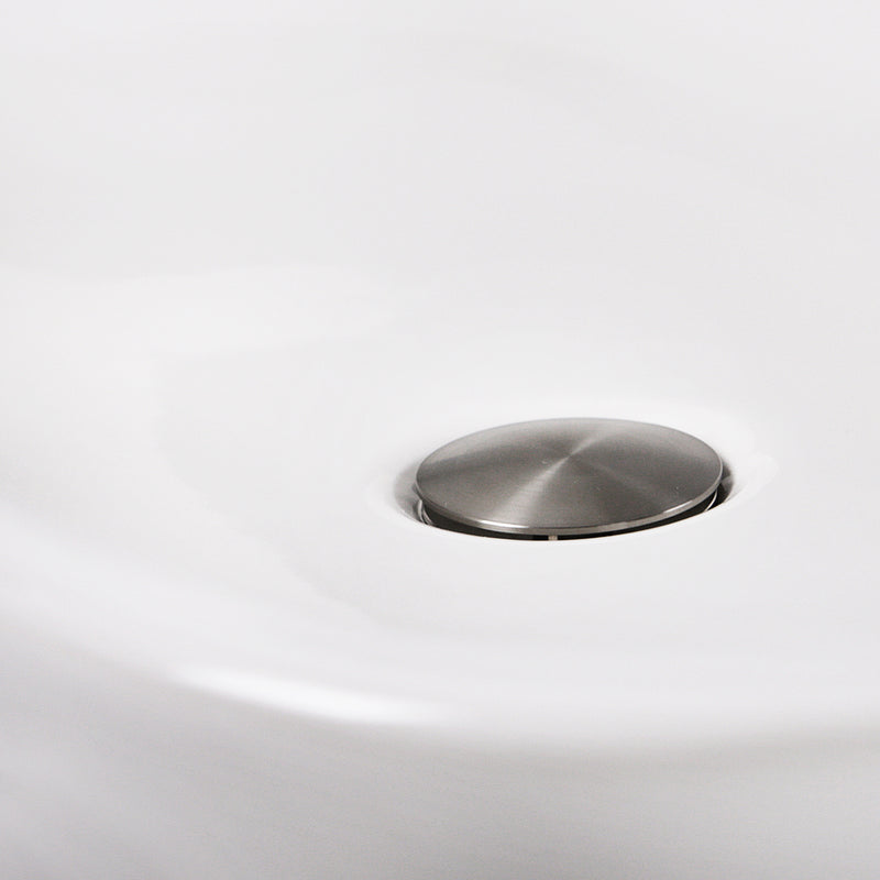 Nantucket Sinks RC79041W close-up of the glossy white basin and brushed drain cap