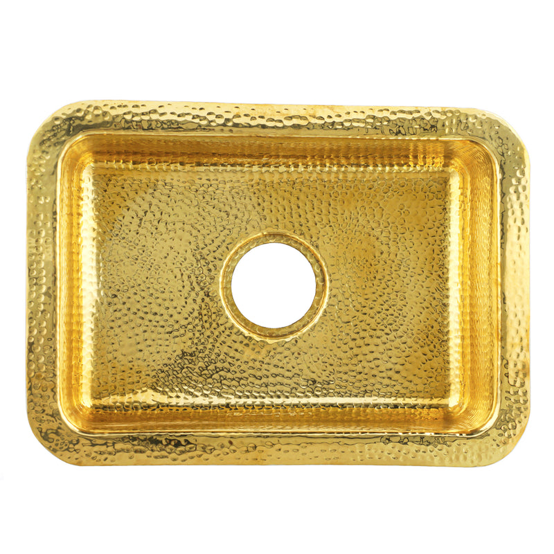 Nantucket Sinks REB2014 hammered brass bar sink from above showing the basin and drain hole