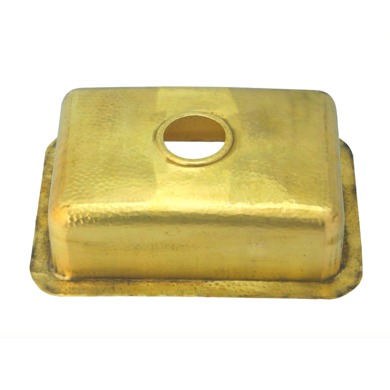 Nantucket Sinks REB2014 underside of the hammered brass sink showing the exterior and drain hole