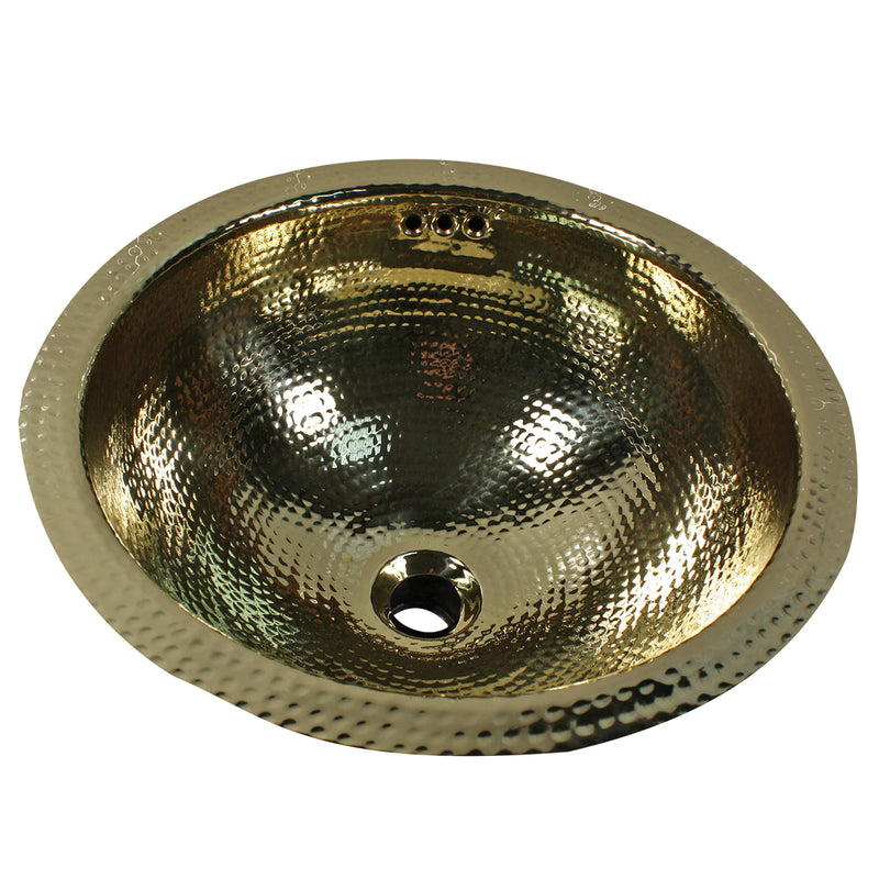 Nantucket Sinks ROB-OF 13" round hammered polished brass bathroom sink with overflow holes, white background