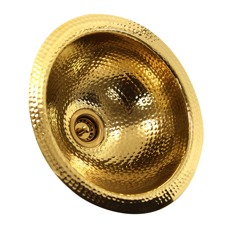 Nantucket Sinks ROB 13" round hand hammered polished brass bar sink, three-quarter view, white background