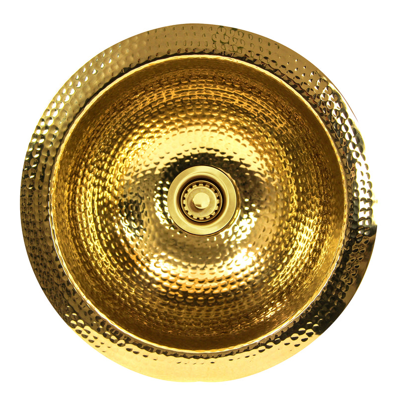 Nantucket Sinks ROB round hammered brass bar sink from above with drain installed