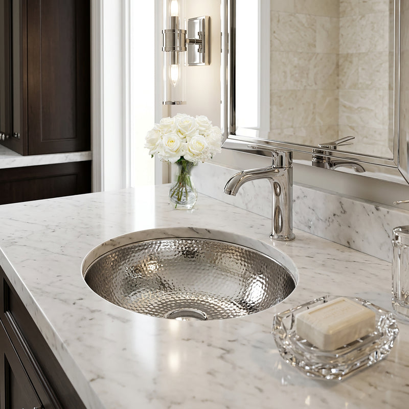 Nantucket Sinks ROS-OF installed in a white marble vanity with a chrome faucet