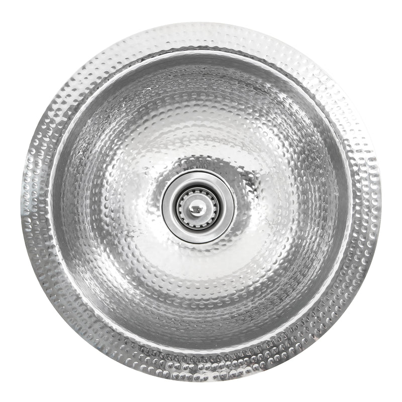 Nantucket Sinks ROS overhead view of the hammered bowl and basket strainer