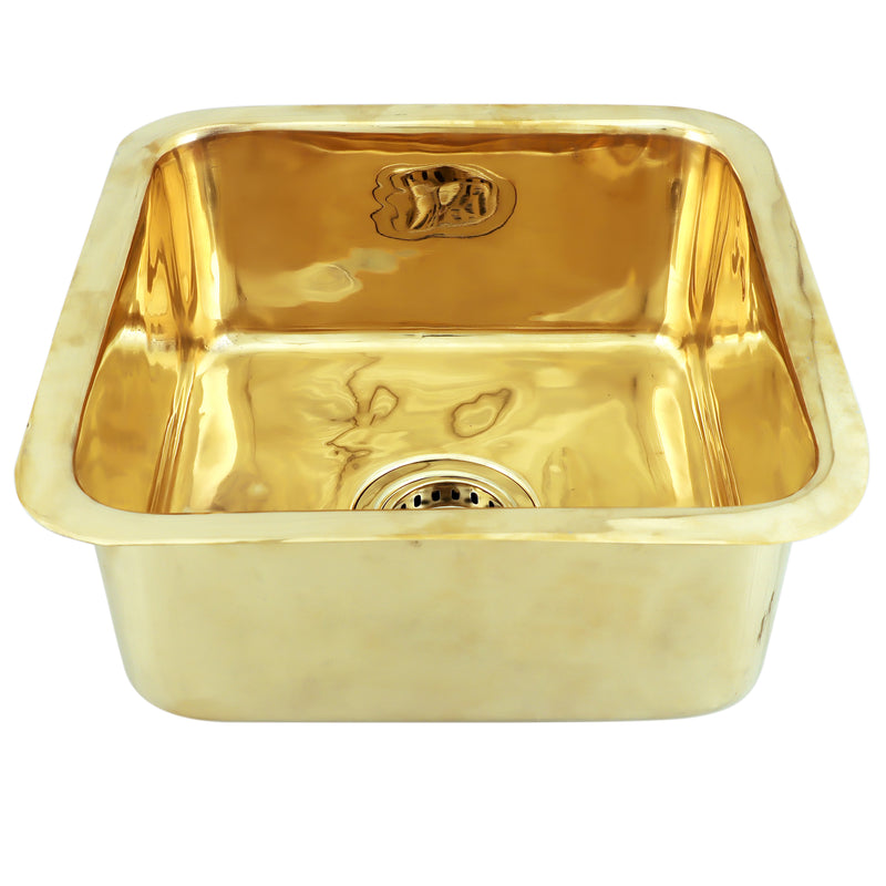 Nantucket Sinks SQRB-7SM 16.625" square smooth handmade polished brass bar sink, three-quarter view, white background