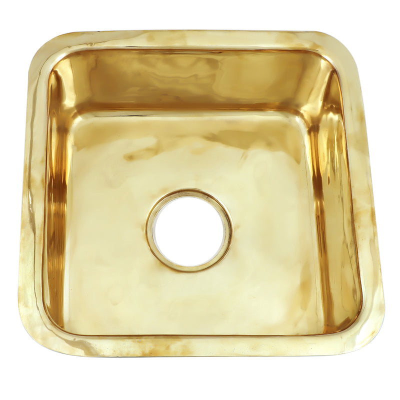 Nantucket Sinks SQRB-7SM square smooth brass bar sink from above showing the basin and drain hole