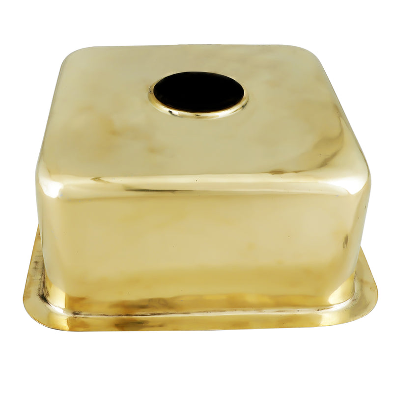 Nantucket Sinks SQRB-7SM underside of the smooth brass sink showing the exterior and drain hole