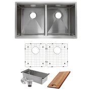 Nantucket Sinks SR-PS-3219-DE-16 sink shown with two grids, colander, strainer drain and cutting board
