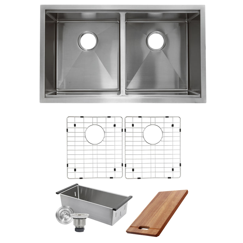 Nantucket Sinks SR-PS-3219-DE-16 sink shown with two grids, colander, strainer drain and cutting board