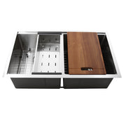 Nantucket Sinks SR-PS-3219-DE-16 front view with the colander and cutting board on the ledge