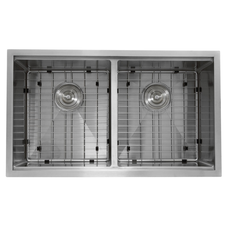Nantucket Sinks SR-PS-3219-DE-16 overhead view of both equal bowls with bottom grids and drains