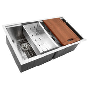 Nantucket Sinks SR-PS-3219-DE-16 double equal bowl prep station sink with board and colander, white background