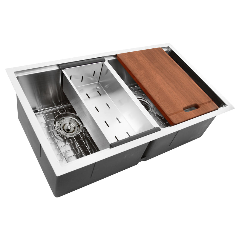 Nantucket Sinks SR-PS-3219-DE-16 double equal bowl prep station sink with board and colander, white background