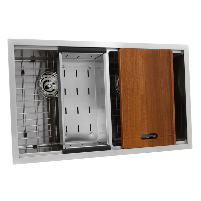 Nantucket Sinks SR-PS-3219-DE-16 angled overhead view with colander, board and grids