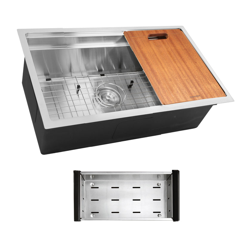 Nantucket Sinks SR-PS2-2818-16 angled view with cutting board, grid and the separate colander