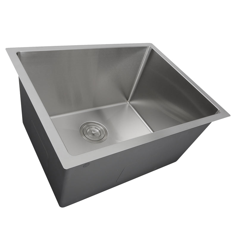 Nantucket Sinks SR2318-12-16 three-quarter view of the deep bowl and colander drain