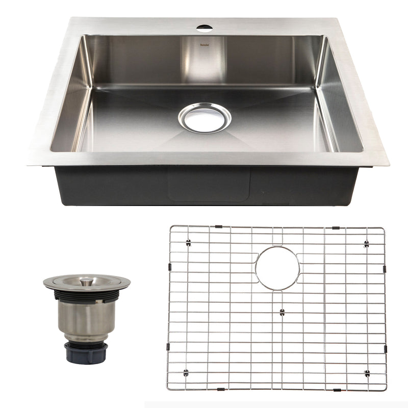 Nantucket Sinks SR2522-5.5-16 sink shown with the included bottom grid and strainer drain