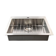 Nantucket Sinks SR2522-5.5-16 front view with the bottom grid and colander drain