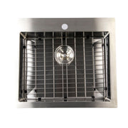 Nantucket Sinks SR2522-5.5-16 overhead view of the bottom grid, colander drain and faucet hole