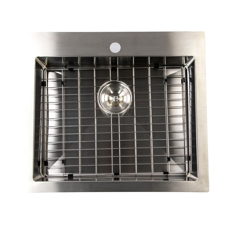 Nantucket Sinks SR2522-5.5-16 overhead view of the bottom grid, colander drain and faucet hole