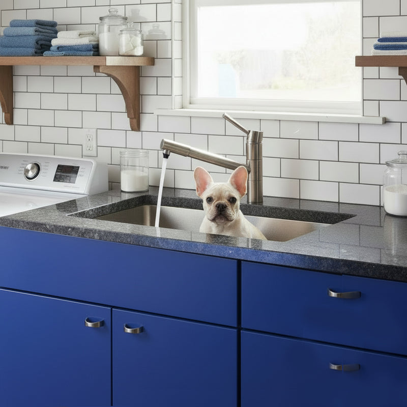 Nantucket Sinks SR3018-12-16 installed in granite over blue cabinets with a puppy in the bowl